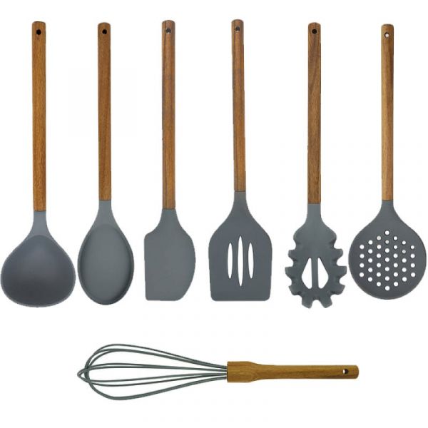 Jogo 10 Colheres Utensílios Silicone Com Cabo De Madeira