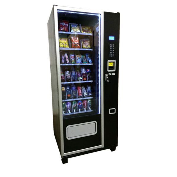 Máquina de venda automática de salgadinhos e refrigerantes com frente de vidro